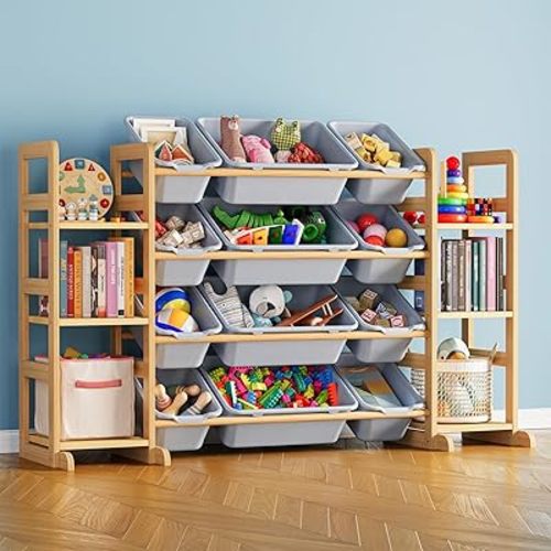 SpaceAid Toy Storage Organizer with 6 Shelves and 12 Bins, Toy Organizers Storage Bookshelf, Kids Bin Shelf Toys Box Bookcase for Bedroom Playroom Organization Room Decor, Neutral Gray