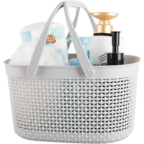 rejomiik Portable Shower Caddy Basket, Plastic Organizer Storage Tote with Handles for Bathroom, College Dorm, Kitchen, Grey