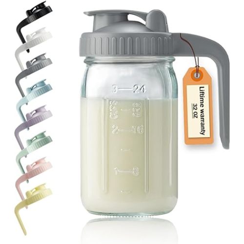 32oz Glass Pitcher with Lid & V-shaped Pour Spout - 1 Quart Breastmilk Pitcher Double Leak Proof, Creamer Container for Sun Tea, Juice, Cold Brew Coffee, Breastmilk Storage Container