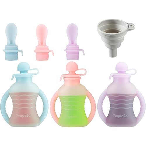 PandaEar 3 Pack Reusable Silicone Baby Food Pouches with 3 Puree Feeder Spoons & Funnel | 4oz Toddler Food Storage Pouch with Handle | BPA-Free Baby Squeeze Pouches for Homemade Purees