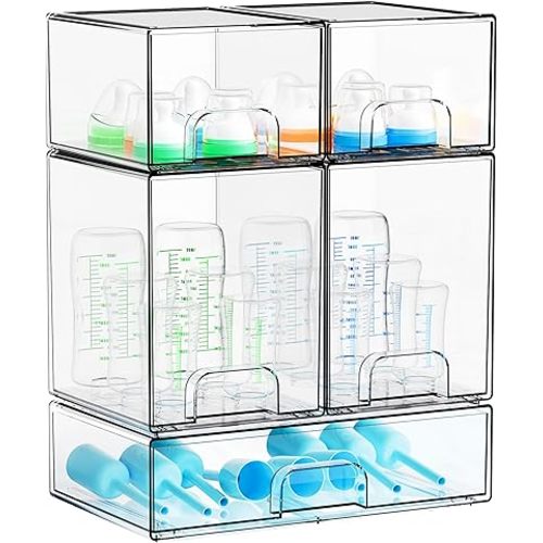 Yieach 5 Set Clear Baby Bottle Organizer for Countertop,BPA FREE Bottle Station Organizer for Breast Pump Parts,Pacifier and Baby Accessories,Stackable Drawers for Bathroom,Cabinet,Pantry Organization