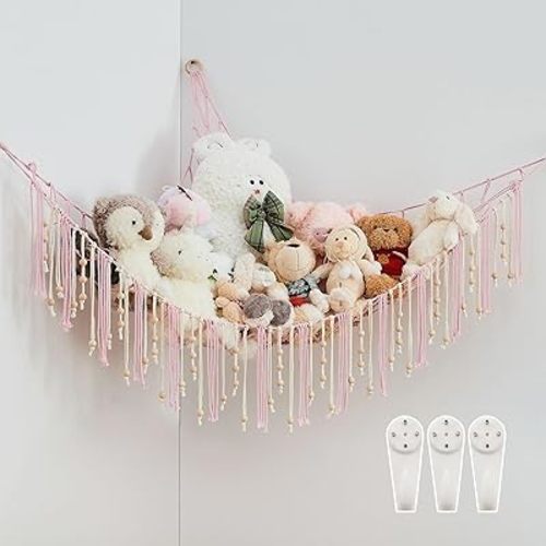 Pretty Jolly Stuffed Animal Storage Hammock with Wooden Beads Corner Hanging Net Boho Tassel Toy Plush Holder for Kid Room Nursery Decor Wall Display Organizer for Girls Boy Gift(Light Pink)