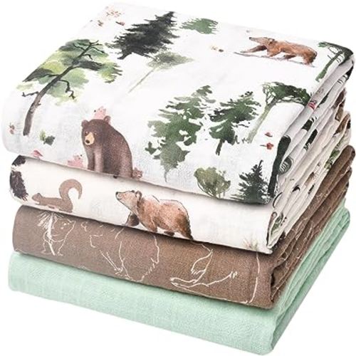 david's kids 4 Pack Baby Muslin Swaddle Blankets, 100% Cotton Swaddling Blankets Wrap for Boys Girls, Ultra Soft Breathable Receiving Blanket, New Born Essentials, Woodland Animals/Green