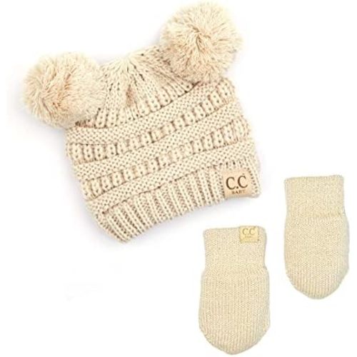 Funky Junque Baby Pom Beanie & Fleece Mittens Set - Warm Winter Essentials - Spring Colors, Classic Neutrals, Pattern Styles