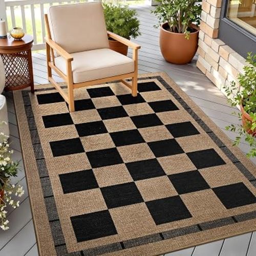 3x5 Outdoor Rug, Jute Checkered Rugs, Patio, Entryway, Balcony Porch Carpet
