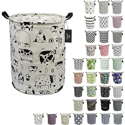 Collapsible Laundry Basket - GodenMoninG 62.8L Large Sized Round Waterproof Storage Bin with Handles,Home Decor,Toy Organizer,Children Nursery Hamper. (Cow Story)
