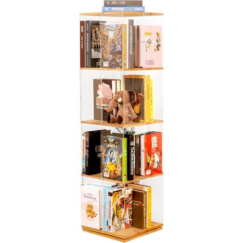 Rotating Bookshelf, 360 Degree Revolving Bookcase, 4-Tier Spinning Bookshelf, Clear Acrylic & Solid Wood Rotating Bookcase for Kid’s Playroom, Bedroom and Living Room, Square