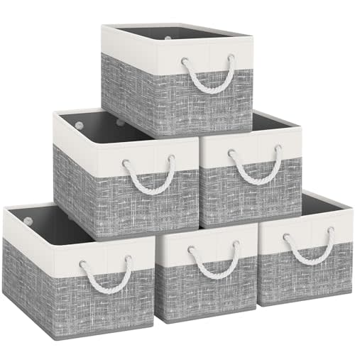 Fab Totes Foldable Storage Baskets - 6-Pack, Organize Toys, Books, Shelves, Closet - Large Storage Box with Rope Handles, Sturdy White & Grey Bins