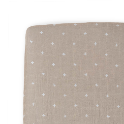 Cotton Muslin Crib Sheet - Taupe Cross
