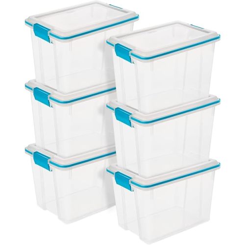 Sterilite 6 Pack Gasket Box, Stackable Storage Bin with Latching Lid, 20 Quart
