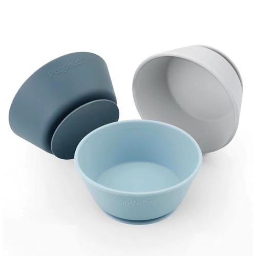 PandaEar 3 Pack Baby Suction Bowls|Silicone Food Bowls First Stage Feeding for Baby Toddler Infant Kids| Food Grade Soft Safe BPA-Free Silicone Toddler Bowls -Blue/Gray