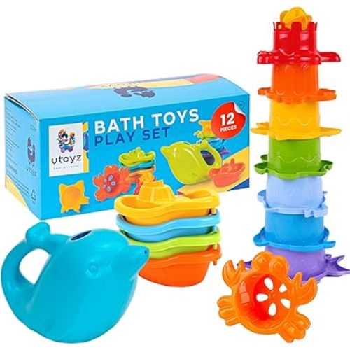 TECHNOK Baby Bath Toys for Toddlers - 12 pcs Rainbow Stacking Cups Baby Toy with Bath Boats Train and Toddler Watering Can - Stackable Plastic Bath Toys - Sea Animal Shapes Bath Toy for Girls and Boys