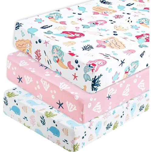 PHF 3 Pack Soft Mermaid Crib Sheets Fitted, Silky Comfy Breathable Baby Sheets for Boys Girls Neutral, 28x52 Inches Fits Standard Crib and Toddler Mattresses, Mermaid