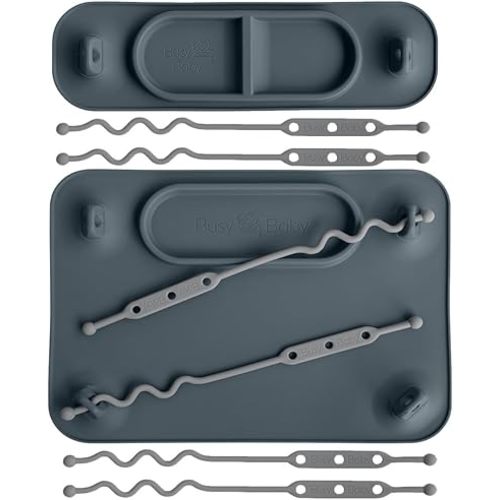 BUSY BABY Silicone Mat Bundle - 1 Original Mat Plus 1 Mini Mat, Strong Suction Cups, 6 Straps to Secure Baby Essentials and Keep Them Off The Floor, Baby Led Weaning, Travel Sleeve Included