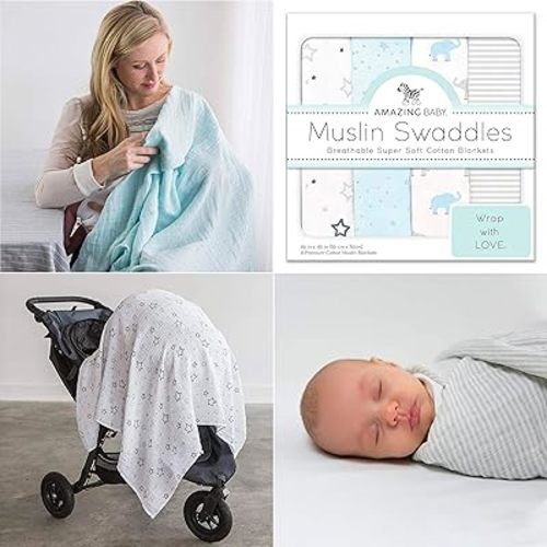 Amazing Baby Muslin Swaddle Blankets, Set of 4, Premium Cotton, Starry Night and Tiny Elephants, Pastel Blue