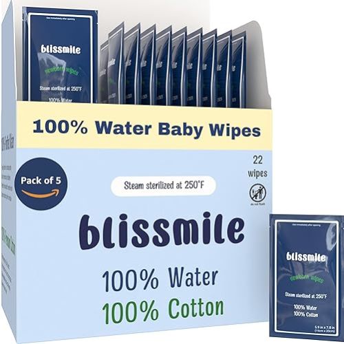 100% Water Baby Wipes Unscented - Fragrance Free & Hypoallergenic - Pure Cotton Baby Wipes Sensitive Skin - Individually Wrapped Wet Wipes Travel Size - Newborn Essentials Must Haves - 110 Count