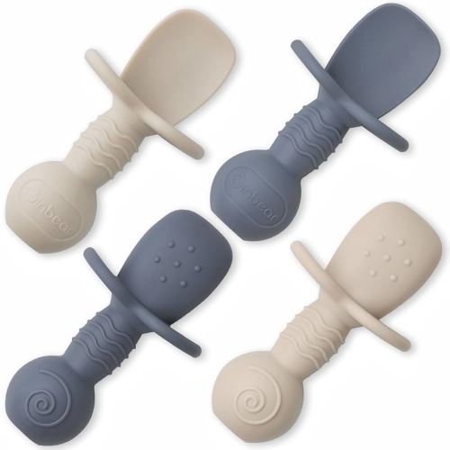 Ginbear Platinum Silicone Baby Spoons Self Feeding 6 Months First Stage, Non Toxic Infants Led Weaning Utensils for Training, Soft BLW Supplies Pack of 4 (Cool Gray/Ivory)