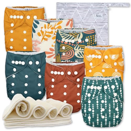Nora's Nursery Cloth Diapers 7 Pack with 7 Inserts & 1 Wet Bag - Waterproof Cover, Washable, Reusable & One Size Adjustable Pocket Diapers for Newborns and Toddlers - The Keys