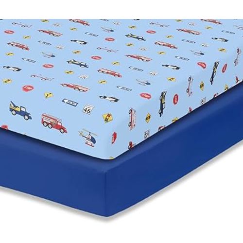 Everyday Kids 2 Pack Fitted Boys Crib Sheet, 100% Soft Breathable Microfiber Baby Sheet, Fits Standard Size Crib Mattress 28in x 52in, Nursery Sheet - Rescue/Blue