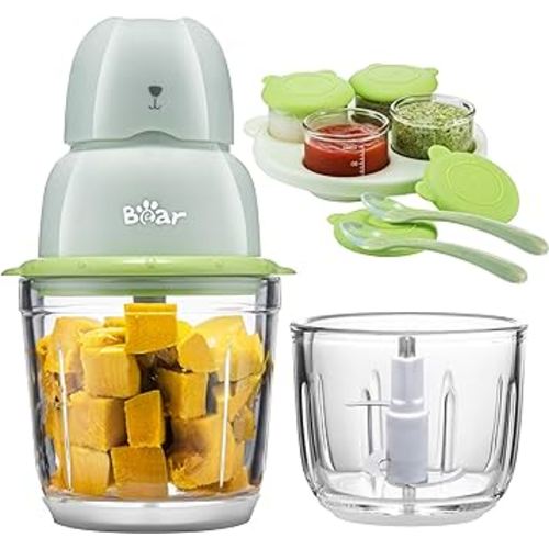 Bear Baby Food Maker, Baby Food Processor Set for Fruit, Vegetable, Meat, Baby Food Puree Blender with 2 Glass Bowls (0.6L+0.3L), Baby Food Containers, Baby Spoons