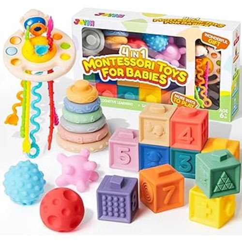 JOYIN Baby Toys - Montessori Toys for Babies 6-12 Months, Food-Grade Sensory Toys, Infant Stacking Circles Teether, Blocks, 3D Stress Balls, Pull String, Learning Gifts for Baby Girls Boys