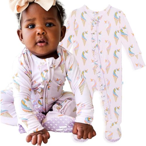 Posh Peanut Baby Girl Pajamas - Soft Päpook Viscose from Bamboo One Piece Footies, Footed Sleepers with 2-Way Zipper for Kids - Unicorn Ice Cream - 0-3 Months