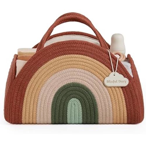 Blissful Diary Baby Diaper Caddy Organizer, Cotton Rope Diaper Caddy Basket, Large Storage Basket, Gift for Baby Shower, Newborn Essentials, Rustic Rainbow