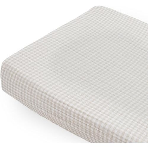Little Unicorn Premium Changing Pad Cover | Extra Soft & Breathable Muslin Fabric (Tan Gingham)