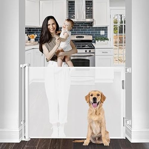 55 Inch Retractable Baby Gate for Stairs Dog Gates for Doorways, Indoor Long Baby Gate Outdoor Retractable Gate, Stair Gate Retractable Gates for Kids or Pets, Child Gate for Stairs, Doorways, White