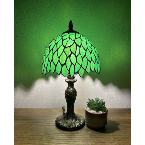 Astoria Grand Roslin Tiffany Mini Table Lamp Green Stained Glass Green Leaves LED Bulb Included 8"W*8"D*15"H | Wayfair