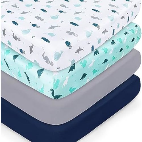 Crib Sheets for Boys or Girls 4-Pack, Fitted Crib Sheet 52'' x 28'' for Standard Crib & Toddler Mattress, Soft and Breathable Material, Baby Crib Sheets Neutral, Dinosaurs & Ocean