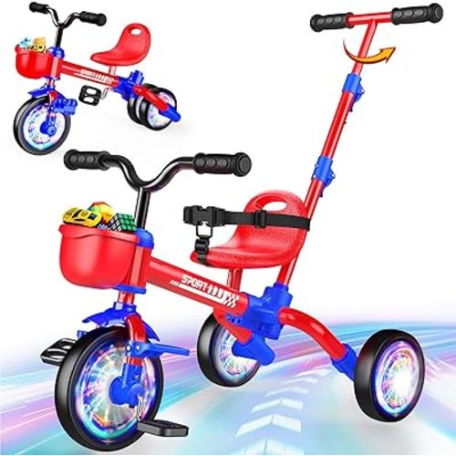 5 in 1 Toddler Bike for 1-5 Year Old, Tricycle with Push Handle, Convertible Baby Balance Bike, Bicycle, Color Light Wheel & Detachable Pedal, 4-Position Seat, Boys Girls Birthday Gift, Toy