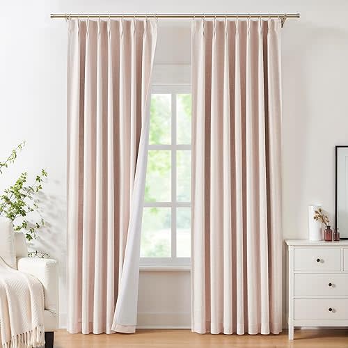 Pink Pinch Pleated Full Blackout Curtains Linen Texture Thermal Insulated Window Treatment Panel 84 Inch Long for Living Room Bedroom Noise Reducing Back Tab Drapes with Hooks, 2 Panel, 40"Wx84"L
