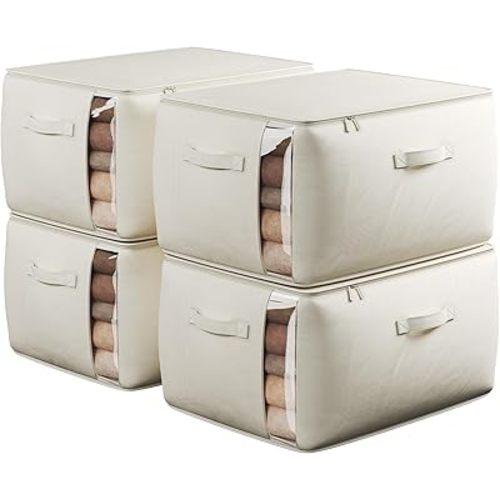 Large Canvas Clothes Storage Bags with Thick Handles and Clear Window, Foldable Cotton Linen Underbed Closet Organizer for Clothing, Blankets and Bedding, 60L, 4 Pack, Beige