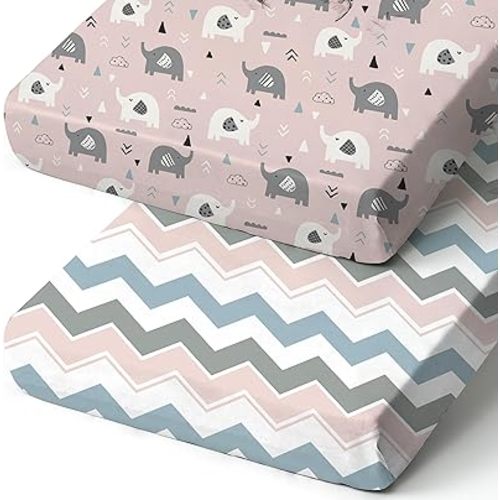 Pack n Play Sheets, BROLEX 2 Pack Mini Crib Sheets,Stretchy Portable Fitted Playard Sheet Set, Convertible Playard Mattress Cover,Ultra Soft Breathable Material,Elephants Waves