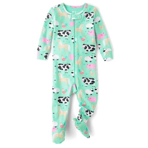 Baby And Toddler Girls Farm Animal Snug Fit Cotton Footed One Piece Pajamas - Blue