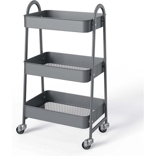 3 Tier Utility Rolling Cart, Metal Rolling Carts with Lockable Wheels & Handle, Multifunctional Utility Carts Storage Cart for Kitchen, Bathroom, Craft Room, Office, Living Room, Grey