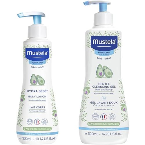 Mustela Baby Bath Time Gift Set - Baby Skin Care Essentials with Natural Avocado - Contains Hydra Bebe Body Lotion 10.14 fl. oz. & Gentle Cleansing Gel 16.9 fl. oz. - 2 Items Set