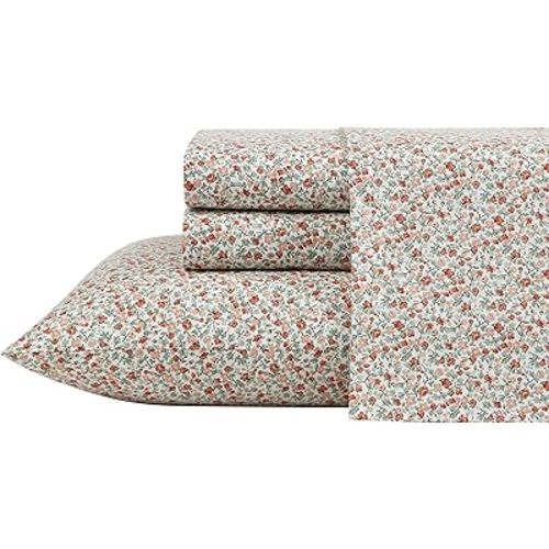 Laura Ashley - Twin Sheets, Cotton Percale Bedding Set, Lightweight & Breathable Home Decor (Emogene Burnt Orange, Twin)