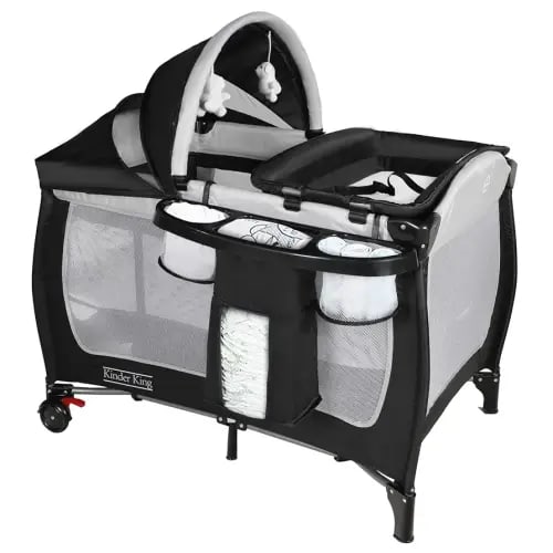 Kinder King 4 in 1 Portable Pack n Play, Baby Nursery Center Playard w/Bassinet, Large Playpen for Infant and Toddler, Newborn Changing Table, Adjustable Canopy, Storage Basket, Travel Bag, Black