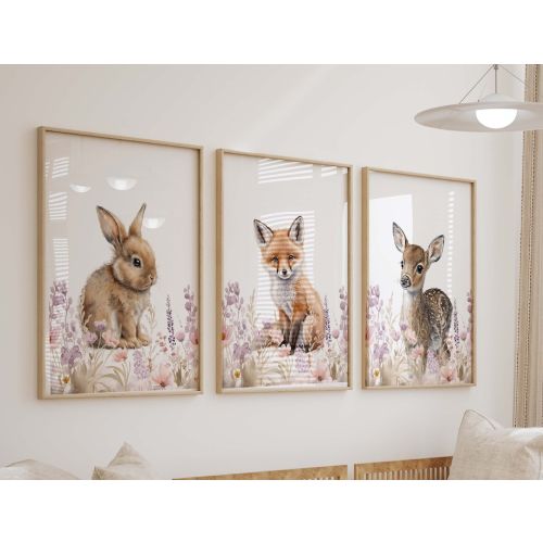 Floral Woodland Watercolor Prints, Girl Animal Nursery Wall Art, Girl's Room Decor, Set of 3 Art Prints Shipped, 277