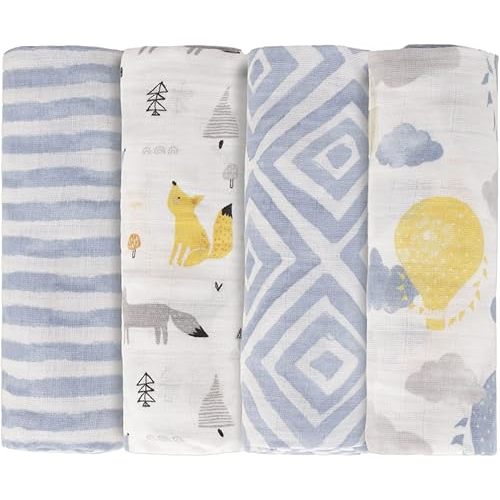 Featherhead™ 100% Cotton Muslin Swaddle Blankets for Baby Boy - Large 47”x 47” - Pre-Washed, Soft, & Breathable - Newborn Essential & Perfect Baby Registry Gift (4 Pack - Blue Foxes)