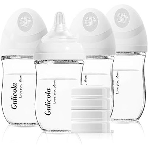 Gulicola Natural Glass Baby Bottle 4 Pack, Newborn Breastfeeding Bottles Set, Extra Slow Flow Nipples (SS), Anti Colic, 0 Months+, 5 oz - White