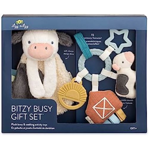 Itzy Ritzy Farm Toy Gift Set - Includes Cow Lovey & Farm-Themed Busy Ring Car Seat and Stroller Toy - Features Crinkle Sounds, Engaging Textures & Silicone Teething Relief (Farm)