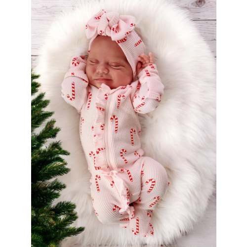 Organic Waffle Ruffle Zip Footie, Pink Candy Cane