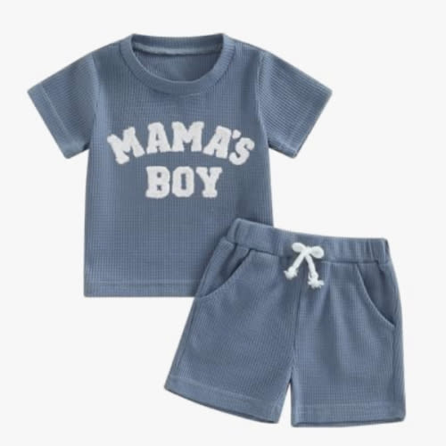 Kupretty Toddler Baby Boy Summer Clothes Embroiderey Waffle Knit Short Sleeve T-Shirt Tees + Casual Shorts Cute Clothing Set