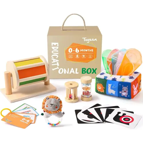 Toyssa Montessori Toys for Babies 0-6 Months, 6 in 1 Wooden Learning Educational Sensory Toys with Spinning Drum & Tissue Toys & Baby Rattle & Flash Card, Birthday Gifts for Babies Boys Girls