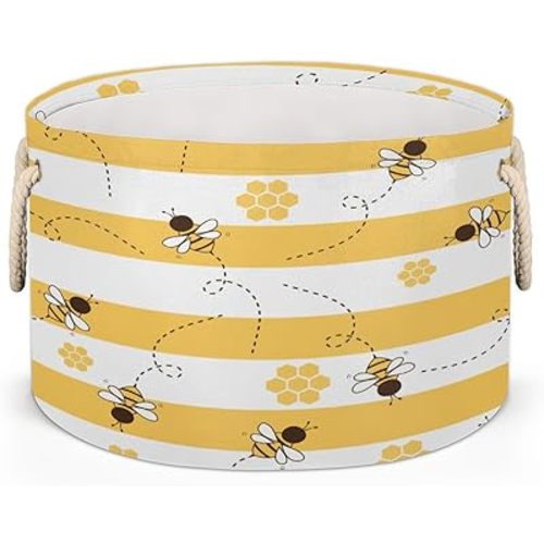 Animal Cute Bee Large Storage Basket Honeycomb Bee Round Laundry Basket with Handle Organization Collapsible Storage Bins Box Hamper for Kids Toy Clothes Nursery Bedroom Living Room Decor