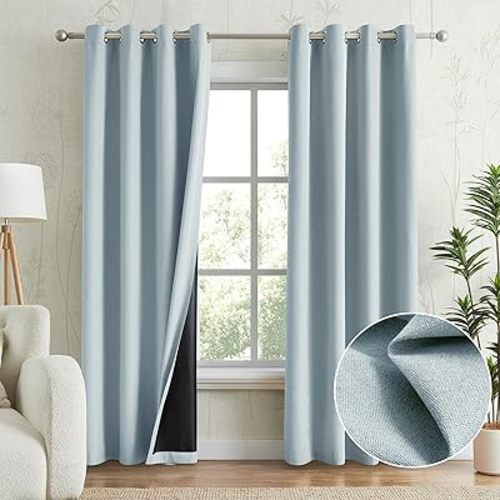 Light Blue 100% Blackout Curtains for Bedroom, Thermal Insulated Linen Look Grommet Window Curtain Drapes with Black Back for Living Room, 52 x 84 Inch Length, 2 Panels