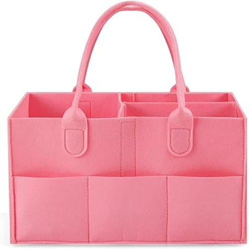 PandaEar Baby Diaper Caddy Organizer, Portable Diaper Holder Organizer Nursery Storage Basket for Wipes & baby stuff, Collapsible Baby Organizer with Divided Design (Pink)